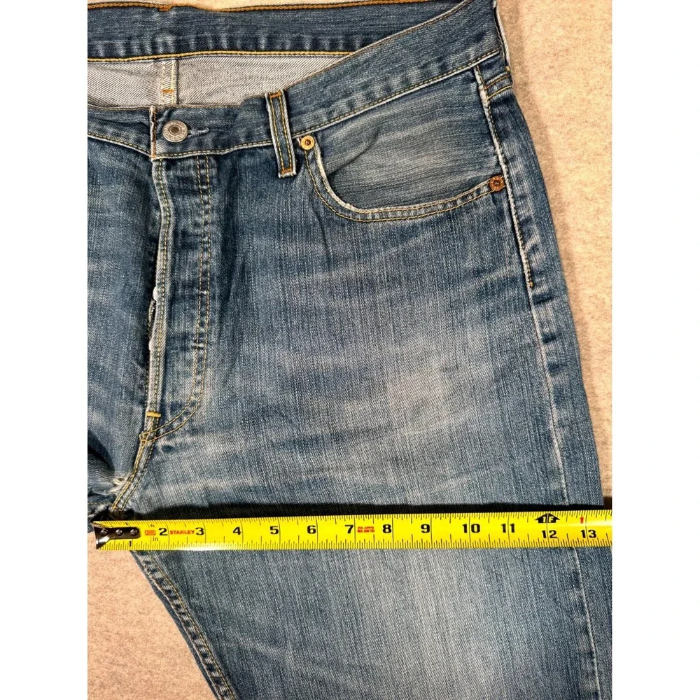 Levis 501 Jeans Mens 36x34 Blue Distressed Denim Cotton Button Fly Straight Leg